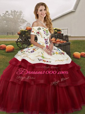 Custom Fit Wine Red Off The Shoulder Lace Up Embroidery and Ruffled Layers Ball Gown Prom Dress Brush Train Sleeveless