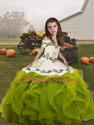 Embroidery and Ruffles Kids Formal Wear Olive Green Lace Up Sleeveless Floor Length