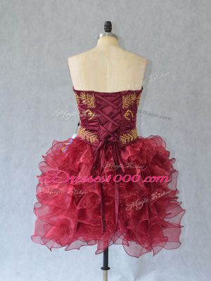 Sleeveless Organza Mini Length Lace Up Prom Gown in Wine Red with Embroidery and Ruffles