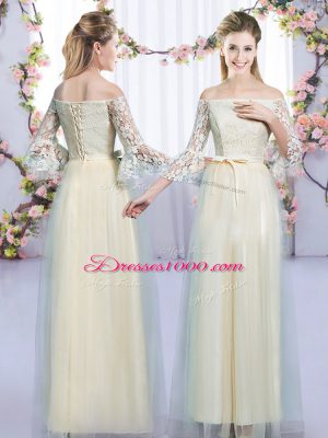 Glamorous Champagne 3 4 Length Sleeve Tulle Lace Up Bridesmaids Dress for Wedding Party