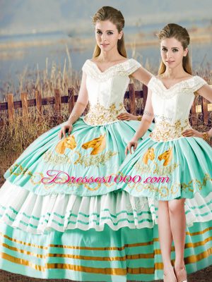 Apple Green Three Pieces Satin V-neck Sleeveless Embroidery and Ruffled Layers Floor Length Lace Up 15th Birthday Dress