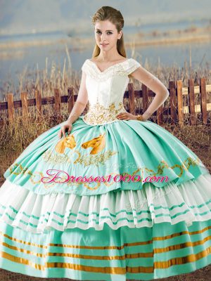 Apple Green Three Pieces Satin V-neck Sleeveless Embroidery and Ruffled Layers Floor Length Lace Up 15th Birthday Dress