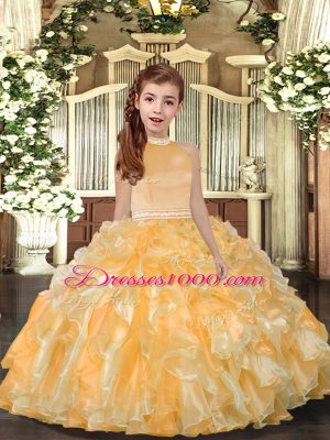 Gold Halter Top Backless Beading and Ruffles Little Girls Pageant Dress Wholesale Sleeveless