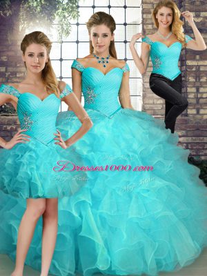Great Aqua Blue Sleeveless Beading and Ruffles Floor Length Quinceanera Gowns