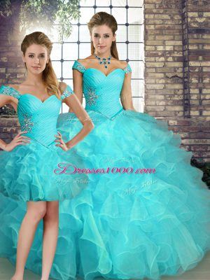 Great Aqua Blue Sleeveless Beading and Ruffles Floor Length Quinceanera Gowns