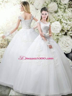 Fashion Tulle Cap Sleeves Floor Length Wedding Dresses and Appliques