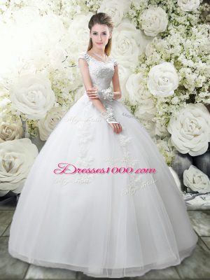 Fashion Tulle Cap Sleeves Floor Length Wedding Dresses and Appliques