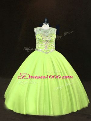 Flirting Yellow Green Ball Gowns Tulle Scoop Sleeveless Beading Floor Length Lace Up Vestidos de Quinceanera