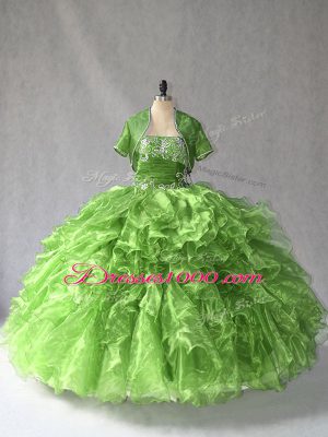 Dramatic Sleeveless Floor Length Beading and Ruffles Lace Up Sweet 16 Dress with Green