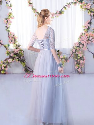 Ideal Half Sleeves Lace Up Floor Length Lace Bridesmaid Dresses