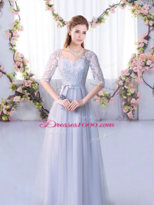 Ideal Half Sleeves Lace Up Floor Length Lace Bridesmaid Dresses