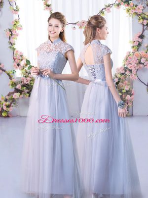 Flirting Floor Length Lace Up Quinceanera Dama Dress Grey for Wedding Party with Lace