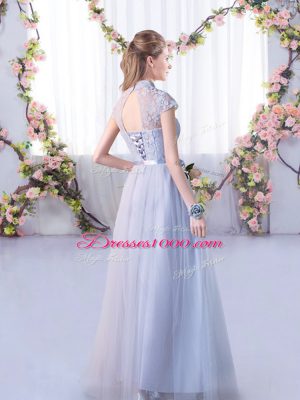 Flirting Floor Length Lace Up Quinceanera Dama Dress Grey for Wedding Party with Lace