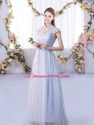 Flirting Floor Length Lace Up Quinceanera Dama Dress Grey for Wedding Party with Lace