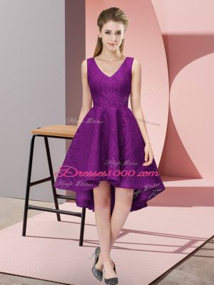 Edgy Purple Zipper Wedding Party Dress Lace Sleeveless High Low