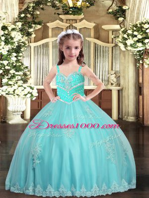 Sleeveless Tulle Floor Length Lace Up Little Girls Pageant Dress in Aqua Blue with Appliques