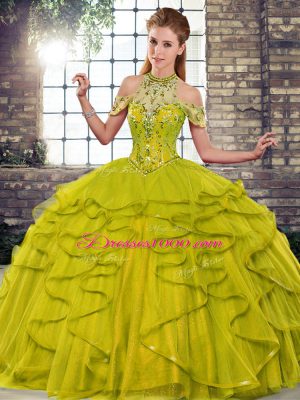 Ball Gowns Quinceanera Gowns Olive Green Halter Top Tulle Sleeveless Floor Length Lace Up