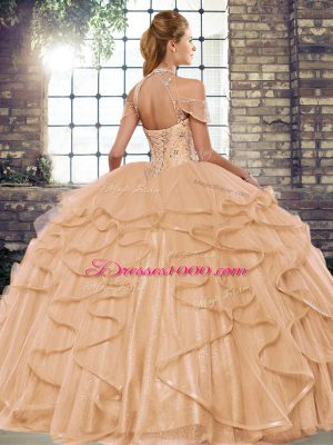 Ball Gowns Quinceanera Gowns Olive Green Halter Top Tulle Sleeveless Floor Length Lace Up