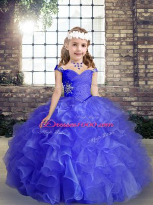 Floor Length Lace Up Little Girls Pageant Dress Blue for Party and Wedding Party with Beading and Ruffles and Ruching