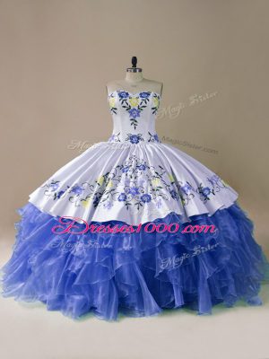 Classical Sleeveless Brush Train Lace Up Embroidery and Ruffles Sweet 16 Quinceanera Dress