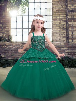 Green Ball Gowns Straps Sleeveless Tulle Floor Length Lace Up Beading Pageant Gowns For Girls