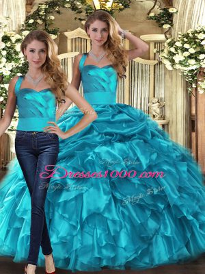 Dramatic Floor Length Two Pieces Sleeveless Teal Sweet 16 Dresses Lace Up