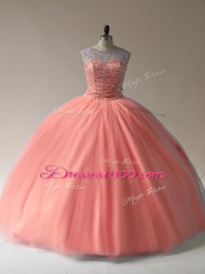 Peach Tulle Lace Up Scoop Sleeveless Floor Length Quinceanera Gowns Beading