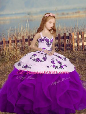 Custom Fit Embroidery and Ruffles Little Girls Pageant Dress Wholesale Purple Lace Up Sleeveless Floor Length