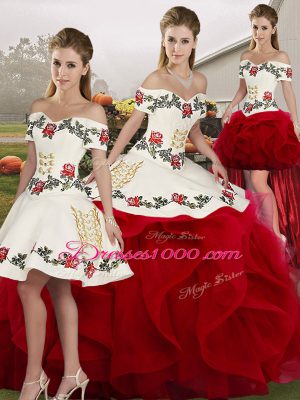 Perfect White And Red Tulle Lace Up Off The Shoulder Sleeveless Floor Length Sweet 16 Dresses Embroidery and Ruffles