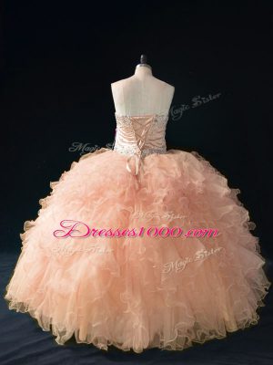 Sweetheart Sleeveless Quince Ball Gowns Floor Length Beading and Ruffles Peach Tulle