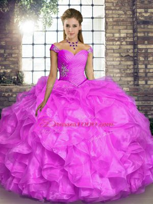 Floor Length Lace Up Sweet 16 Dresses Lilac for Military Ball and Sweet 16 and Quinceanera with Beading and Ruffles