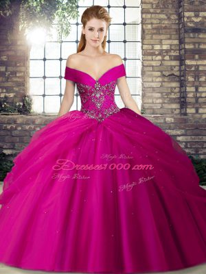 Superior Off The Shoulder Sleeveless Tulle Ball Gown Prom Dress Beading and Pick Ups Brush Train Lace Up