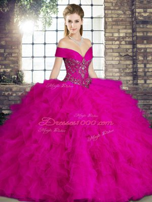 Tulle Sleeveless Floor Length 15 Quinceanera Dress and Beading and Ruffles