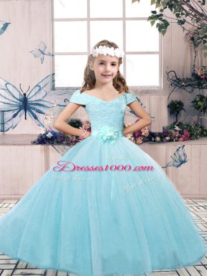 Lovely Off The Shoulder Sleeveless Lace Up Kids Formal Wear Aqua Blue Tulle