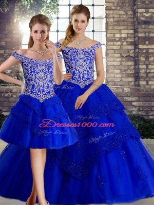 New Style Tulle Sleeveless Ball Gown Prom Dress Brush Train and Beading and Lace