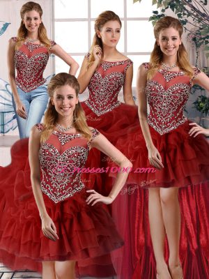 Free and Easy Sleeveless Beading and Pick Ups Zipper Quince Ball Gowns with Wine Red Brush Train
