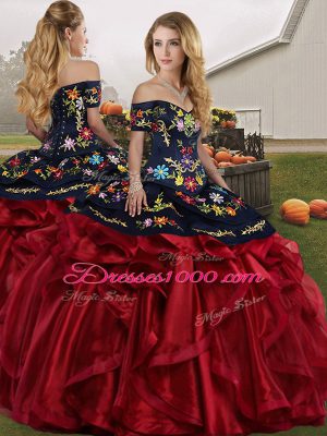 Noble Off The Shoulder Sleeveless Lace Up Quinceanera Gowns Red And Black Organza