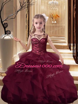 Fashionable Organza Sleeveless Girls Pageant Dresses Brush Train and Beading and Ruffles