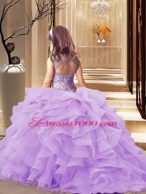 Fashionable Organza Sleeveless Girls Pageant Dresses Brush Train and Beading and Ruffles