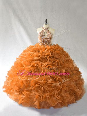 Sophisticated Orange and Brown Halter Top Lace Up Beading and Ruffles Sweet 16 Dresses Brush Train Sleeveless
