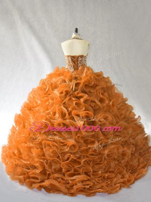 Sophisticated Orange and Brown Halter Top Lace Up Beading and Ruffles Sweet 16 Dresses Brush Train Sleeveless