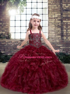 Burgundy Ball Gowns Organza Straps Sleeveless Beading and Ruffles Floor Length Lace Up Kids Pageant Dress