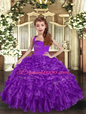 Purple Ball Gowns Ruffles Pageant Dress Lace Up Organza Sleeveless Floor Length