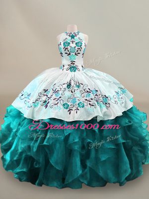 Lovely Teal Halter Top Neckline Embroidery and Ruffles Quinceanera Dresses Sleeveless Lace Up