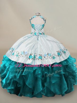 Lovely Teal Halter Top Neckline Embroidery and Ruffles Quinceanera Dresses Sleeveless Lace Up