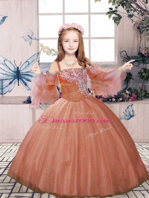 Hot Selling Straps Sleeveless Child Pageant Dress Floor Length Beading Rust Red Tulle