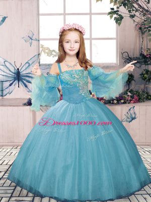 Blue Sleeveless Beading Floor Length Child Pageant Dress