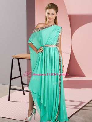 Turquoise Chiffon Side Zipper One Shoulder Sleeveless Asymmetrical Prom Dresses Sequins