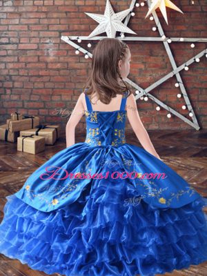 Red Lace Up Pageant Gowns For Girls Embroidery and Ruffled Layers Sleeveless Floor Length