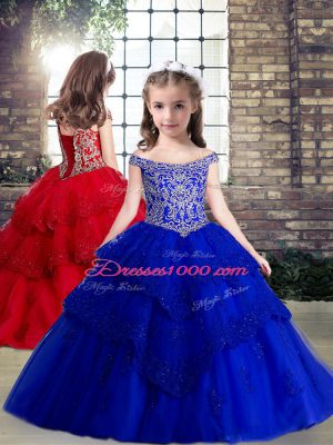 Lovely Ball Gowns Kids Pageant Dress Royal Blue Off The Shoulder Sleeveless Floor Length Lace Up